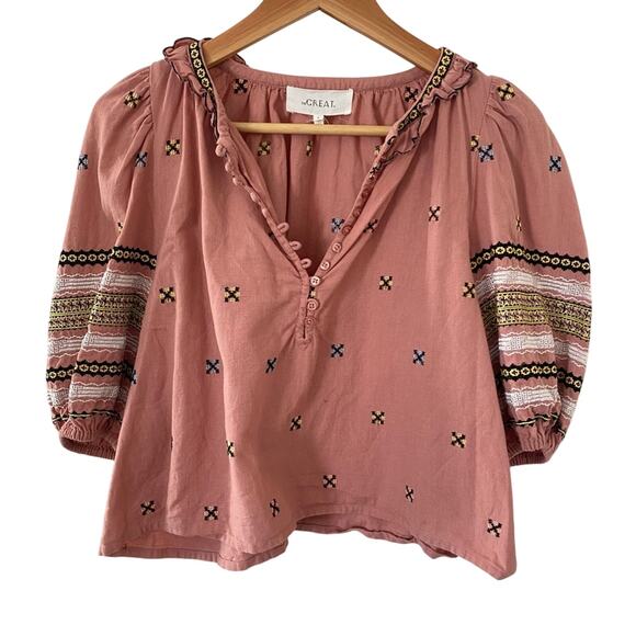 THE GREAT Clementine Embroidered Linen Cottagecore Blouse Pink Rosette X-Small - Picture 4 of 9